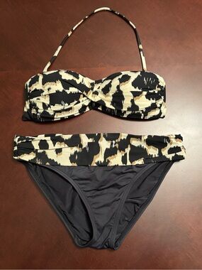 La Blanca Black and Beige Animal Print Bandeau Bikini